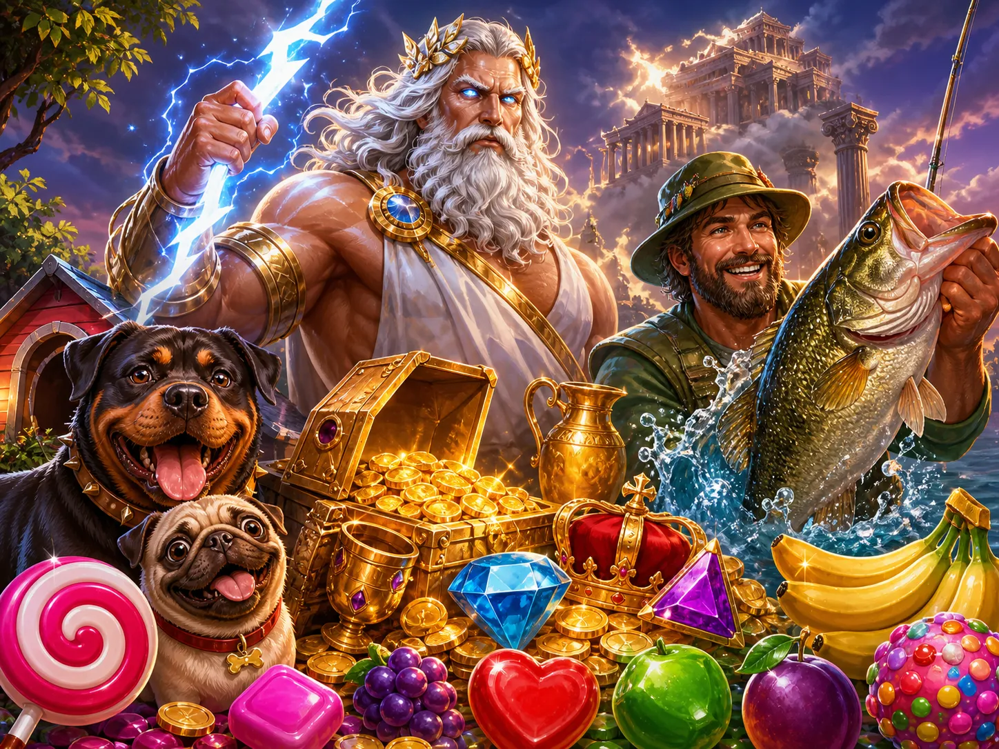 Vibrant slot game artwork featuring mythological, nature and treasure themes with dynamic characters and symbols.